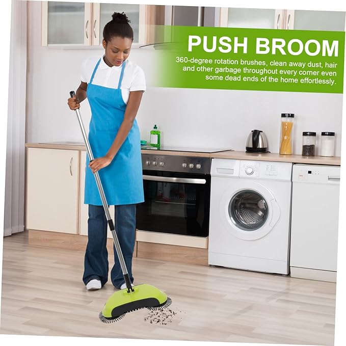 Multi Function Hand Push Sweeper with Dustpan and Trash Bin Rotating Floor Cleaning Mop for Easy Household Cleaning Green