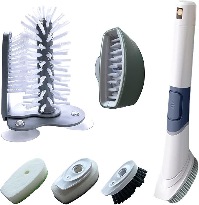 Set of 3 Kitchen Cleaning Brushes - Dish Cleaner with Soap Dispenser and 4 Replacement Heads, Bottle Cleaner & Cutlery Scrubber - Cleaning Set for All Kitchen Utensils