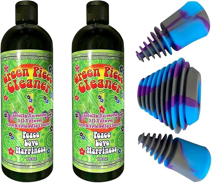 Green Piece® Glass Cleaner 2 Bottles -16 oz with 1Purple Psychedelic Plug Set - Excellent for Cleaning and Smell Proofing