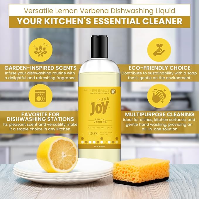 JOY Pure Natural Liquid Dish Soap | Biodegradable Formula | Lemon Verbena Scent | 16 fl. oz - Pack of 3, Bundled With 2 Erase Pads