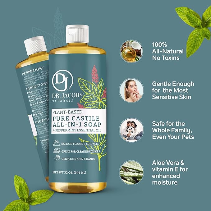 Dr. Jacobs Naturals Peppermint Castile Soap All-Purpose Cleaner, Effective Plant-Based Formula for House Cleaning. Eco-friendly for Home Essentials and the Planet (32 Fl Oz, 1 Pack)