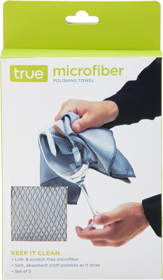True Microfiber Towels, Wine Glass Polishing Cloths, Streak Free Microfiber Cloth and Lint Free Towels, Grey, Set of 3