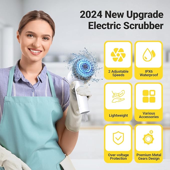Electric Spin Scrubber, 2000 mAh Cordless Power Scrubber with 4 Replaceable Heads, 2 Speeds Portable Scrubber for Cleaning Sink/Stove/Corner/Tile/Grout/Bowl (White)