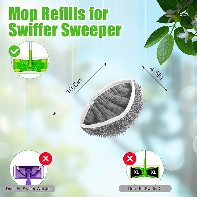 3 Pack Reusable Microfiber Mop Pads Compatible with Swiffer Sweeper Mop (10-12in), Washable Mop Replacement Pads Dry Sweeping Cloths, Flat Dust Mop Refills for Hardwood Floors Cleaning, Grey