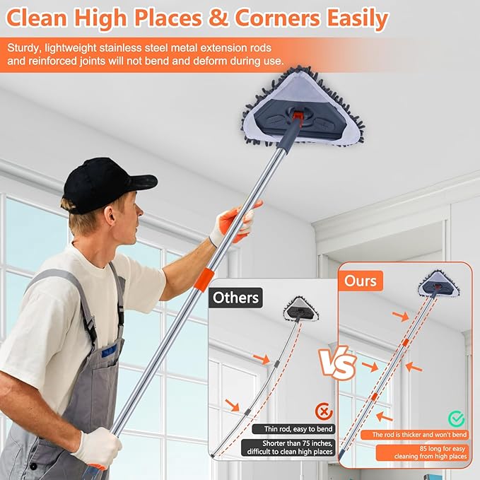 85 Inch Wall Cleaner with Long Handle, 360° Rotatable Wall Mop, Wall Washer Cleaner Tool for Walls/Ceiling Fans/Dust/Baseboard/Floors Clean, 6 Replacement Pads, 1 Squeegee Scraper Strips, 1 Mop Holder