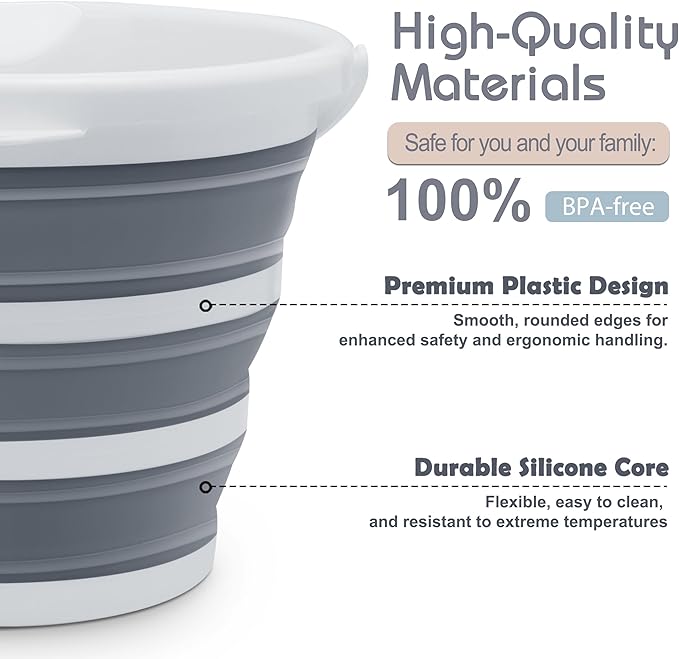 Collapsible Bucket Mop Bucket 2.6 Gallon(10L) for House Cleaning, Travel, and More - Lightweight, Foldable, and Portable for Outdoor Adventures(Grey-Round)