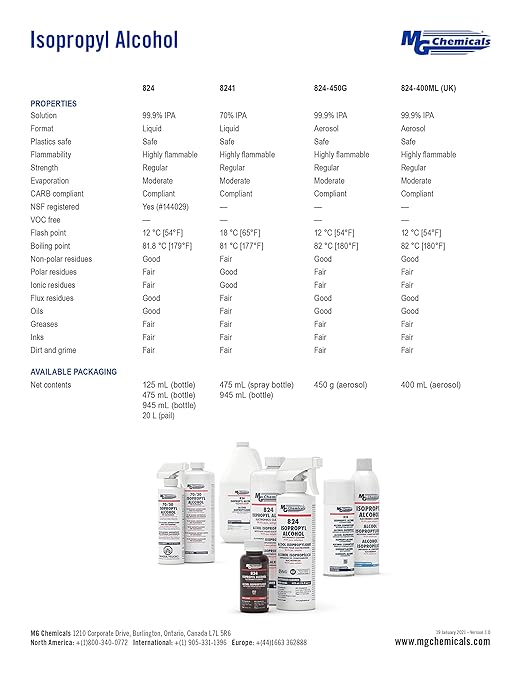 MG Chemicals - 824-450G 824 99.9% Isopropyl Alcohol Electronics Cleaner, 15.9 oz Aerosol Spray, Clear