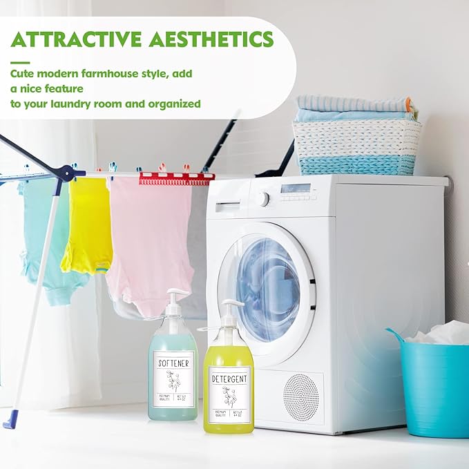Sawysine 2 Pcs Laundry Soap Dispenser 64 oz Liquid Laundry Detergent Dispenser Plastic Laundry Detergent Container Fabric Softener Dispenser with Pumps Caps and 45 Laundry Labels