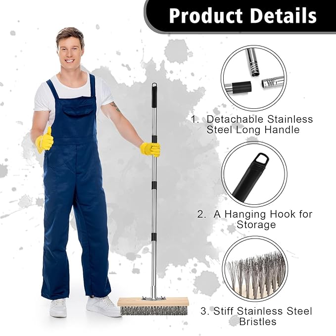Heavy Duty Wire Brush, Multifunction Outdoor Push Broom for Garden Cleaning, Wide Metal Scrub Broom with Detachable 64.9in Handle for Deck Pavers Patios Walkways Concrete Floor