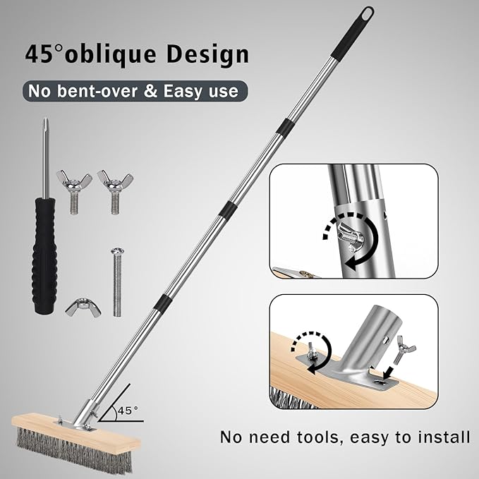 Heavy Duty Wire Brush, Multifunction Outdoor Push Broom for Garden Cleaning, Wide Metal Scrub Broom with Detachable 64.9in Handle for Deck Pavers Patios Walkways Concrete Floor