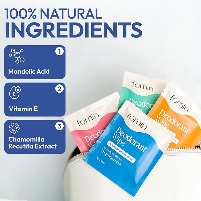 FOMIN Acidified Travel Deodorant Wipes For Women & Men - 30 Count - Variety Pack - pH Balanced, Mini Deodorant Travel Size Wipes - Plastic-Free, Individually Wrapped Underarm Body Wipes