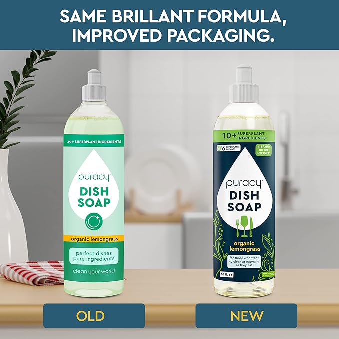 Puracy Natural Dish Soap - Skin-Softening Plant-Based Dishwashing Soap, Non-Toxic Dish Soap, Organic Liquid Dishwashing Detergent Soap (Organic Lemongrass, 16 fl oz, 3 Pack)