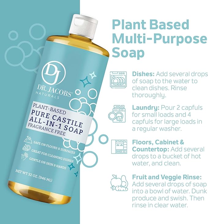 Dr. Jacobs Naturals Fragrance Free Castile All-In-One Cleaner and Soap, Effective Plant-Based Formula for House Cleaning. Eco-friendly for Home Essentials and the Planet (32 Fl Oz, 2 Pack)