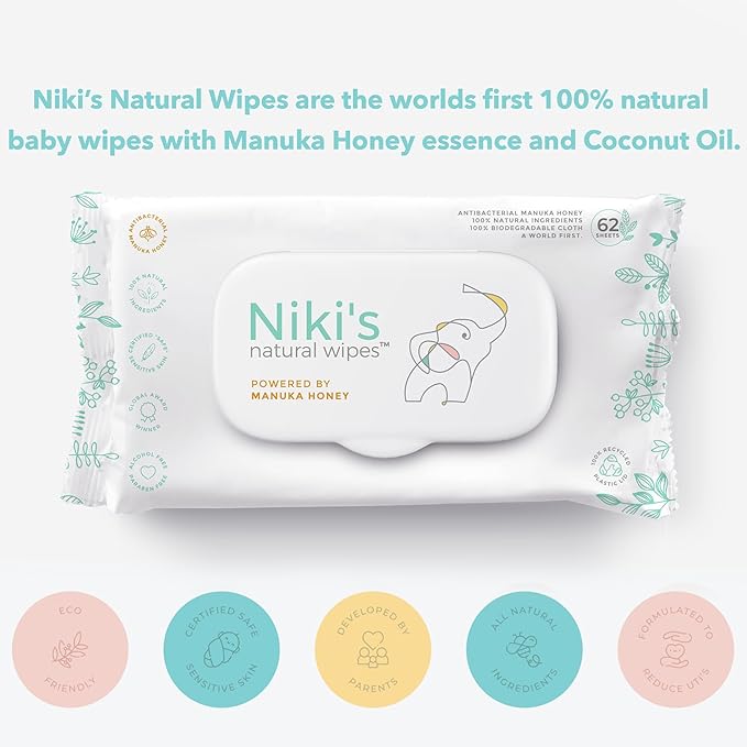 Niki's Natural Baby Wipes | Sensitive Organic Baby Wipes | Made with Manuka Honey and Coconut Oil, No Added Scents | EWG Verified | 248 Wipes (4 Pack x 62 Count Wipes)