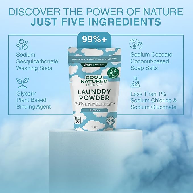 Good Natured Brand | Natural Laundry Detergent Powder & Washing Soda for Tough Stains & Odors | Hypoallergenic, Safe for Sensitive Skin | Biodegradable & Eco-friendly | Unscented | 47 oz 94 Loads