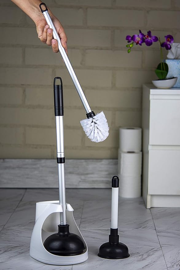 NEIKO 60168A Toilet Plunger Set, 4 Piece, Bonus Mini Sink & Drain Plunger, Toilet Bowl Brush & Caddy, Patented All-Angle Design, Telescopic Aluminum Handle, Bathroom Toilet Brush and Plunger Set
