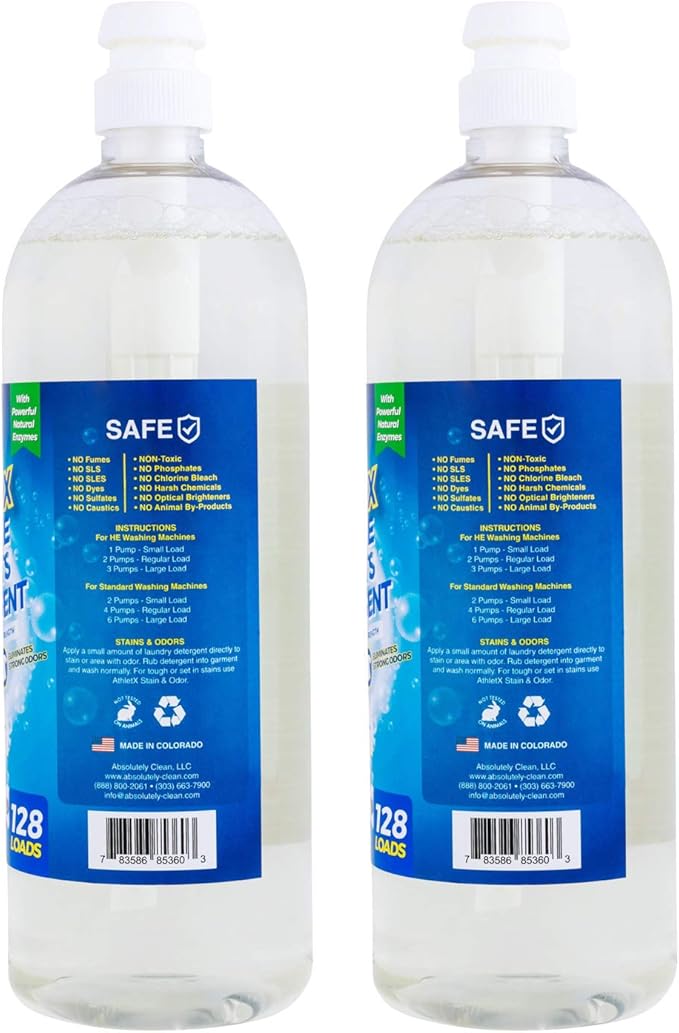 AthletX Enzyme Sports laundry detergent liquid - 256 Loads Total - USA Made - 32oz 2pack