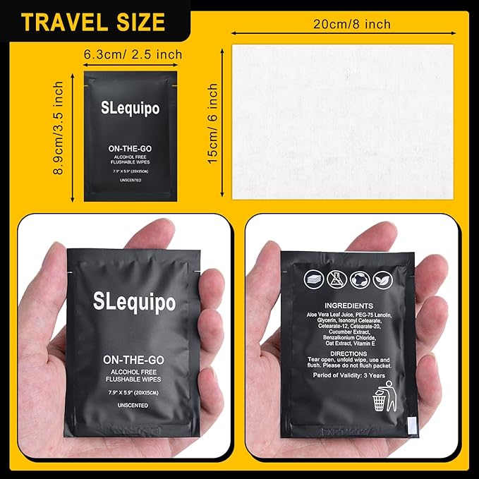 100 Pcs Flushable Wet Wipes, Aloe Vera for Butt, Hands, Face Cleaning, Sufficient Quantity, Individual Wrapped, Portable Size, Ideal for Daily Use, Plant Based, Black