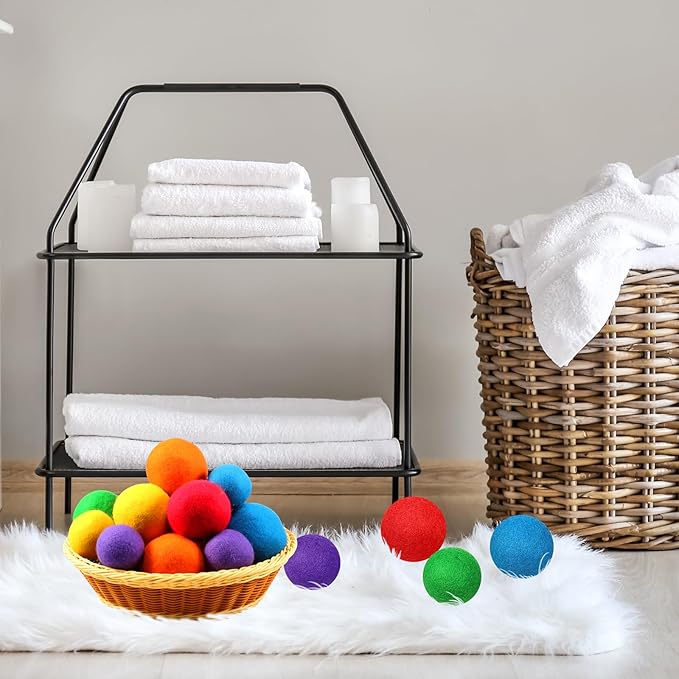 24 Pack Wool Dryer Balls, 3.15'', 2.4'' Reusable Laundry Balls Wool Balls Natural No Lint Fabric Softener Balls for Clothing Wrinkles(Rainbow)