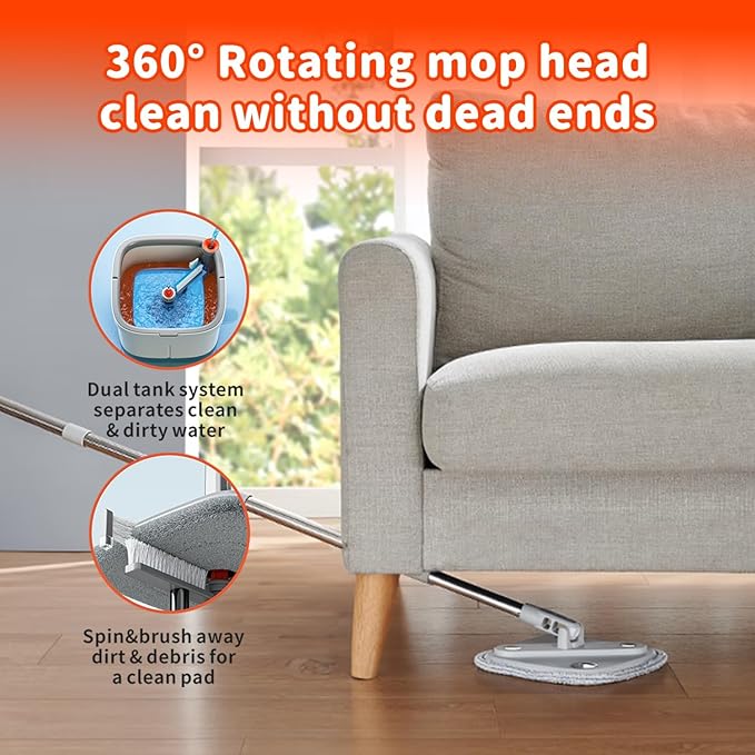 Spin Mop and Bucket Set with Self Separation System 360° Spinning Self-Wringing, Square Clean Mop and Bucket with Wringer-with Replaceable Mop (Light Grey Mop and Bucket Set 6pads)