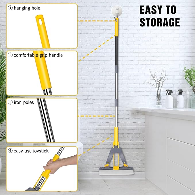 Sponge Mop with Self-Squeeze Feature, Stainless Steel Handle, 3 PVA Absorbent Mop Head Refills, Ideal for Home & Commercial Use on Tile, Floor, Bathroom & Garage
