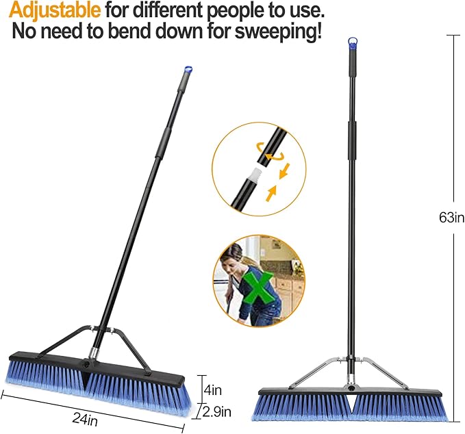 24 inches Push Broom Outdoor Heavy Duty Broom for Deck Driveway Garage Yard Patio Concrete Floor Cleaning-Blue