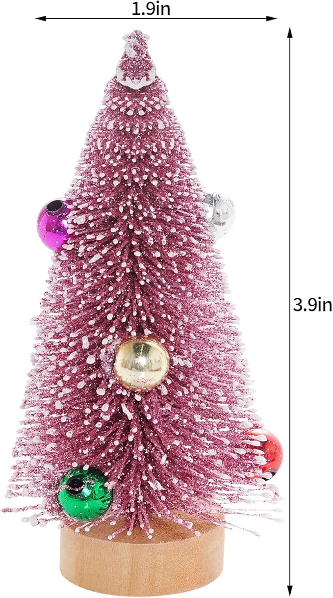 Yookat 12Pcs Mini Christmas Trees Small Sisal Trees Mini Pine Trees with Wood Base Mini Bottle Brush Trees Artificial Mini Christmas Trees Assorted Color for Christmas Winter Decoration (Pink)