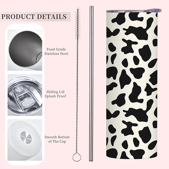 Cow Print Stainless Tumbler with lid,20oz Travel Mug, Reusable Metal Straw & Brush, Double-Wall Vacuum Bottle Cup for Coffee Wine Tea Hot and Cold Drinks,Gifts