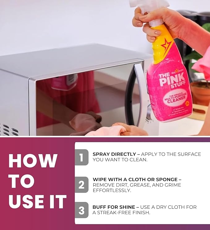 The Pink Stuff Fruity Scent Multi-Purpose Cleaner Spray 25.4 oz Bundle with Microfiber Cloth + Scrub Brush - Natural Cleaner for All Surfaces - Tackles Tough Stains - (3 Items)