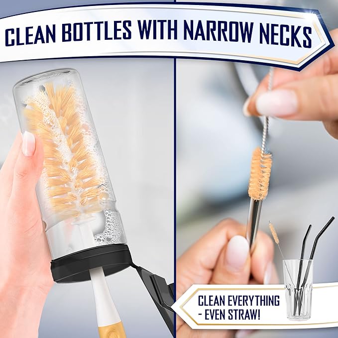 Dish Brush Set of 4 - Kitchen Scrub Brushes with Non-Slip Long Handle for Cleaning, Scrubber, Dishwashing, Dishes, Bottles, Straws, Cups, Pots & Sink, Baige