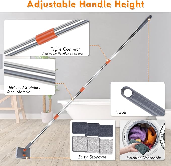 Baseboard Cleaner Tool with Handle, 80" Long Handle Mop with 6 Reusable Cleaning Pads, Duster Cleaning Tools for Baseboards/Ceiling/Floor, Microfiber Ceiling Wall Window Cleaner