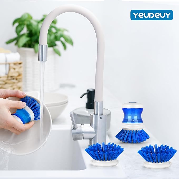 Dish Scrubber with Soap Dispenser for Dishes Pot Pan Kitchen Sink Cleaning, Blue 2Pcs with 2 Refills