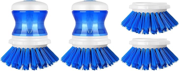 Dish Scrubber with Soap Dispenser for Dishes Pot Pan Kitchen Sink Cleaning, Blue 2Pcs with 2 Refills
