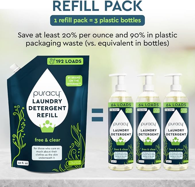 Puracy Laundry Detergent - Enzyme-Powered Liquid Laundry Detergent Concentrate, Natural Laundry Detergent Seen on TikTok, Non-Toxic (Free & Clear, and Fresh Linen, 16 fl oz, 2-Pack, 128 Loads)