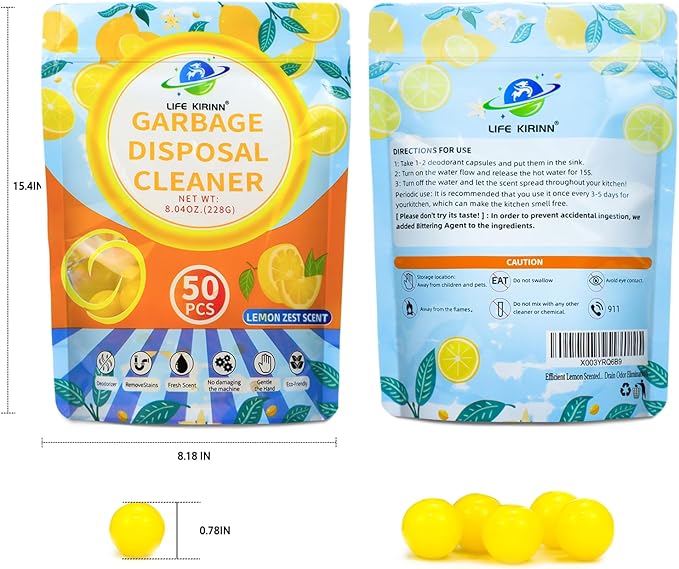 Garbage Disposer Freshener,Sink Disposal Odor Eliminator,50 Count Lemon Scented Deodorizer Drops,Kitchen Sink Freshener Pods