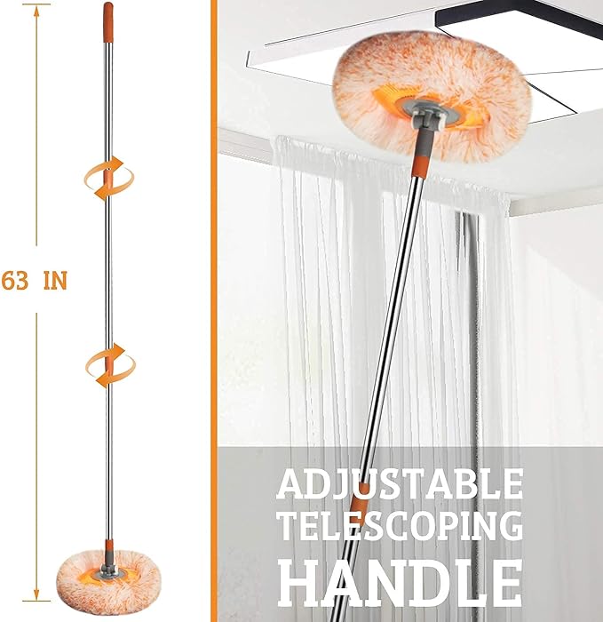 Dust Mop, Wall Cleaner Mop, with Height Adjustable Handle and 1 Washable Mops Pad, Wet & Dry Floor Cleaning Mop for Hardwood, Tiles, Laminate - Dust Broom (Orange)