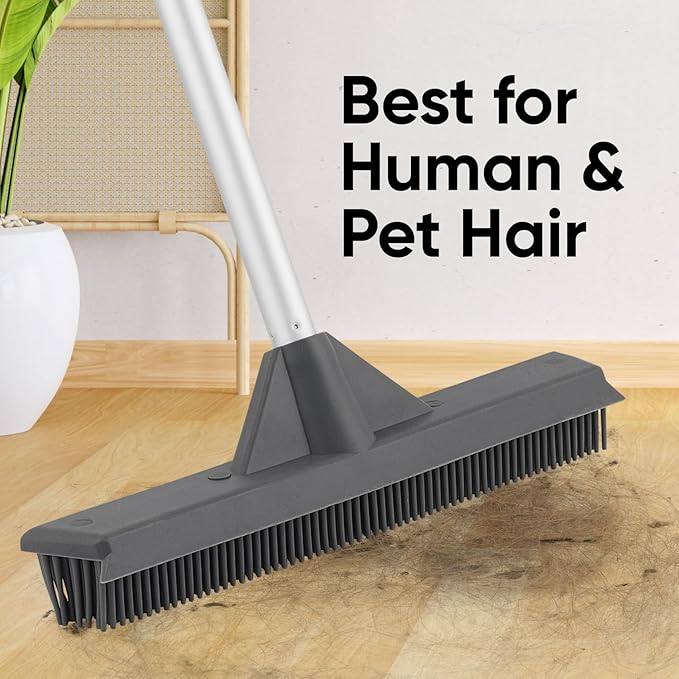 Silicone Pet Hair Broom, Carpet Cleaner, Salon Broom, with Built-in Window Washer Squeegee and 55" Metal Handle