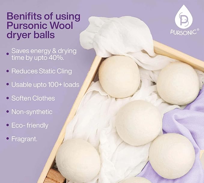 Pursonic 4-Pack Laundry Wool Dryer Balls with Lavender & Peppermint Essential Oil Scent - Reusable Fabric Softener Balls Made from Pure New Zealand Wool - 2.75" Diameter