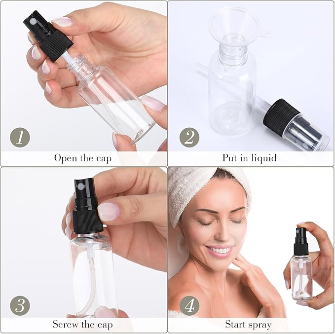 100 Pcs Mini Clear Spray Bottles 1 oz Plastic Empty Travel Bottle Fine Mist Small Spray Containers with 5 Pcs Funnels Refillable Liquid Travel Containers for Perfume Skin Toner Essential Oils