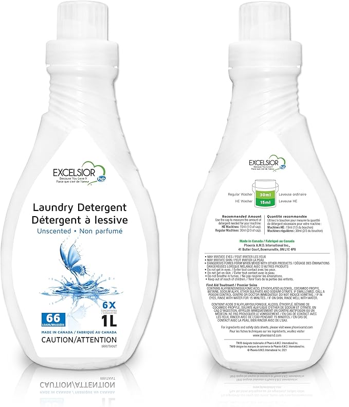Excelsior - HE Liquid Laundry Detergent with Natural Stain Remover for 66 Loads - Unscented - 1 Liter Eco-friendly Laundry Detergent Starter Pack (1 Pack)