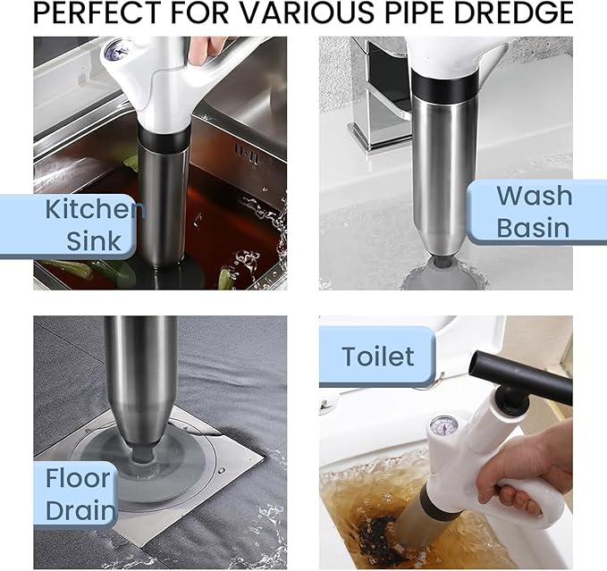 High Pressure Air Drain Gun with Real Time Barometer, Toilet Plunger Kit for Toilets, Floor Drains, Sewers, Pipes, Kitchen Sinks, Bathroom Dredges