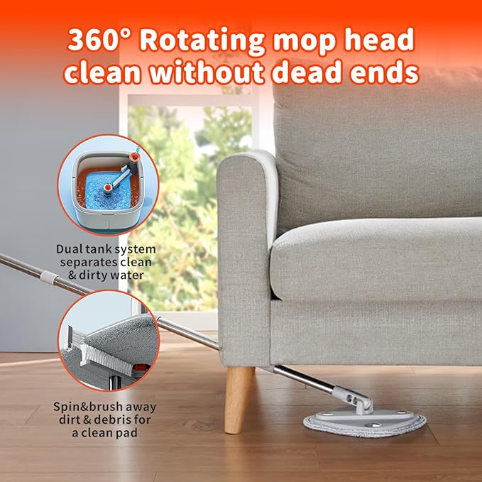 KZKR Spin Mop and Bucket Set with Self Separation Dirty and Clean Water System, Self Wringing 360° Rotating Square Mop Head for Home Floors Cleaning (1.0 Mop and Bucket Set (4 Pads))