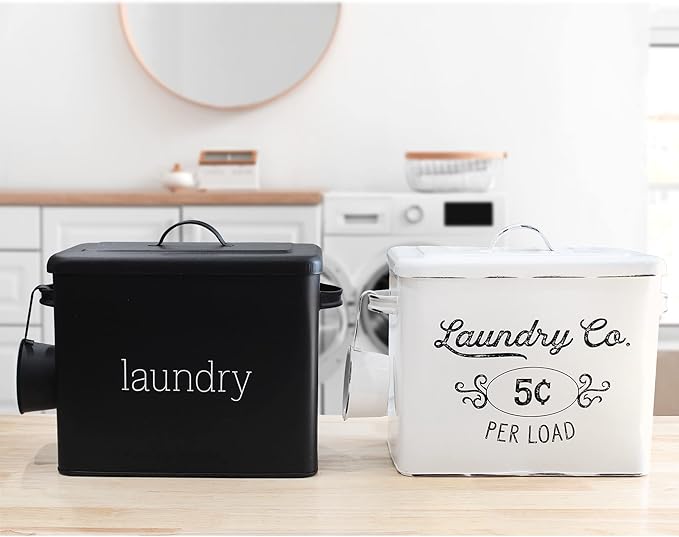 AuldHome Design Enamelware Laundry Powder Container (Black), Enamelware Detergent Bin w/ Scoop