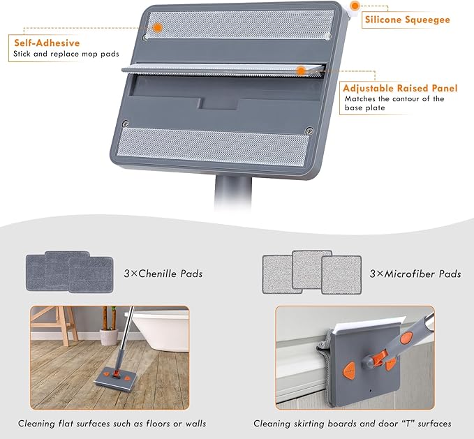 Baseboard Cleaner Tool with Handle, 80" Long Handle Mop with 6 Reusable Cleaning Pads, Duster Cleaning Tools for Baseboards/Ceiling/Floor, Microfiber Ceiling Wall Window Cleaner