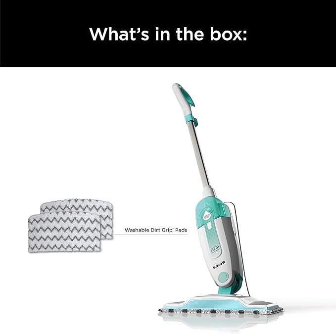 Shark S1000 Steam Mop with 2 Dirt Grip Pads, Lightweight, Safe for all Sealed Hard Floors like Tile, Hardwood, Stone, Laminate, Vinyl & More, Machine Washable, Removable Water Tank, White/Seafoam