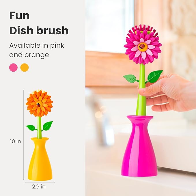 Vigar Flower Power Pink Dish Brush with Vase, 10-Inches, Pink, Green