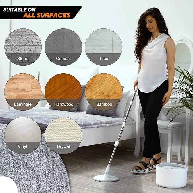 VENETIO Water Filtration Microfiber Spin Mop and Bucket Set – Self Wringing Wet Dry All-in-One Round Mop System with 2 Pads, Safe on All Floor Types Hardwood, Marble, Tile, Vinyl, Laminate, White/Grey