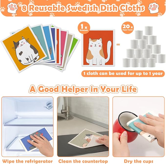 Lucomb Swedish Dish Cloths for Kitchen, 8 Pack Reusable Cleaning Cloth Absorbent Kitchen Towels No Odor Fast Drying for Home Wipes Dish Washing (Cute Cat)