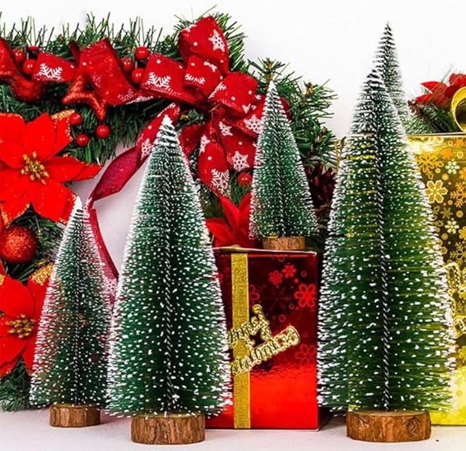7PCS Small Christmas Trees, Bottle Brush Christmas Trees Mini Sisal Snow Frost Trees Pine Trees with Wood Base Tabletop Mini Christmas Village Tree for Holiday Decorations