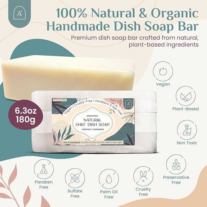 All Natural Dish Soap Bars - Bar Soap for Dishes, Biodegradeable Dish Soap Block, Kitchen Soap, All Natural Non Toxic, Low Waste Kitchen Dishwashing Bar Soap-Unscented, (1 Pack, 6.3oz)